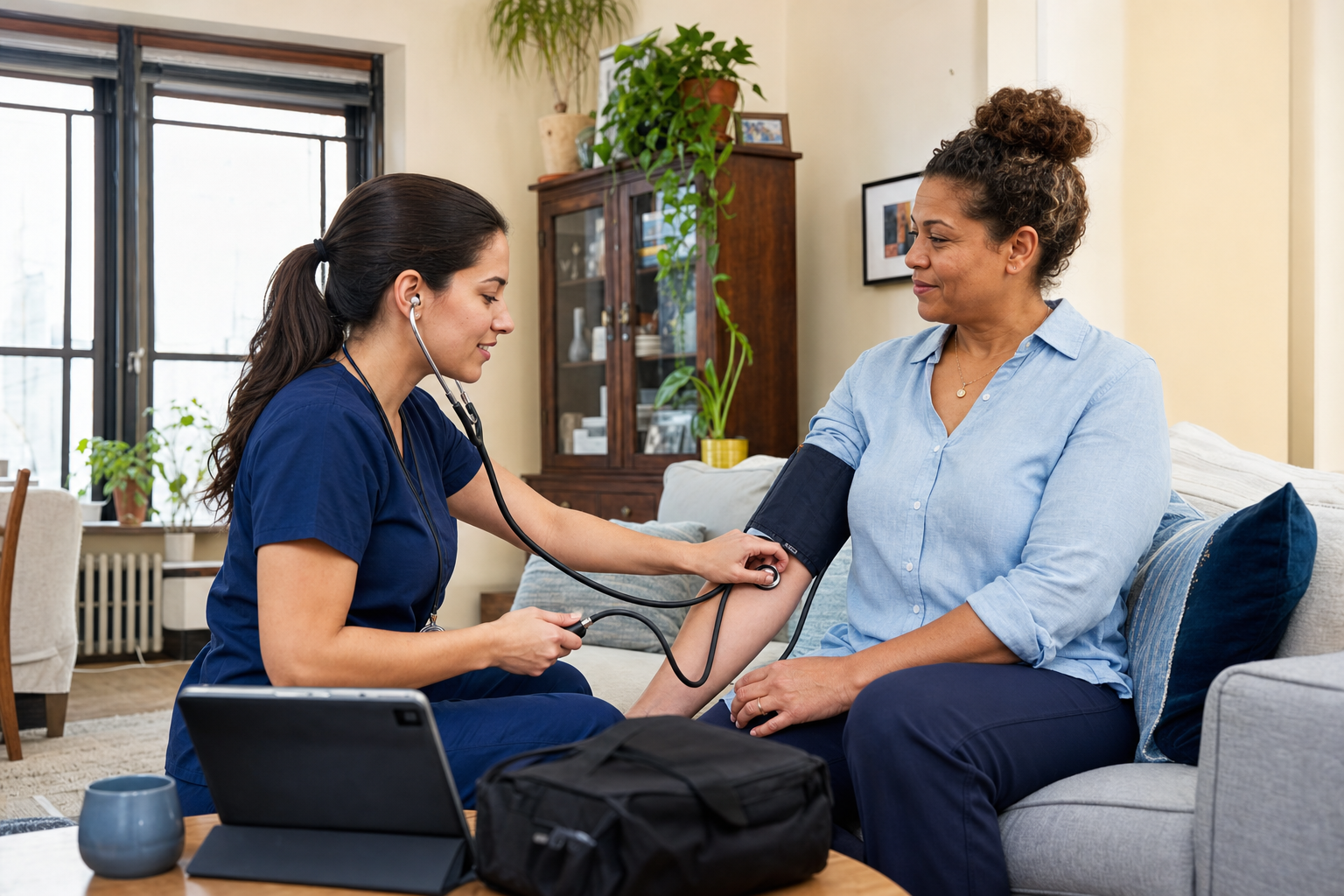 A UP One Health clinician conducting a routine blood-pressure check in a patient's home
