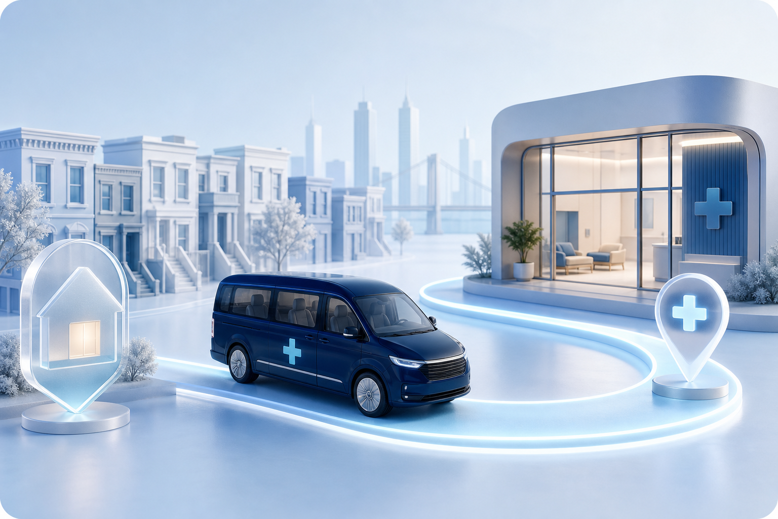 A clinical-blue passenger shuttle following a clear route between a home and medical clinic