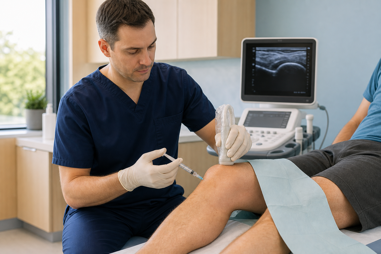 Clinician performing an ultrasound-guided knee joint injection
