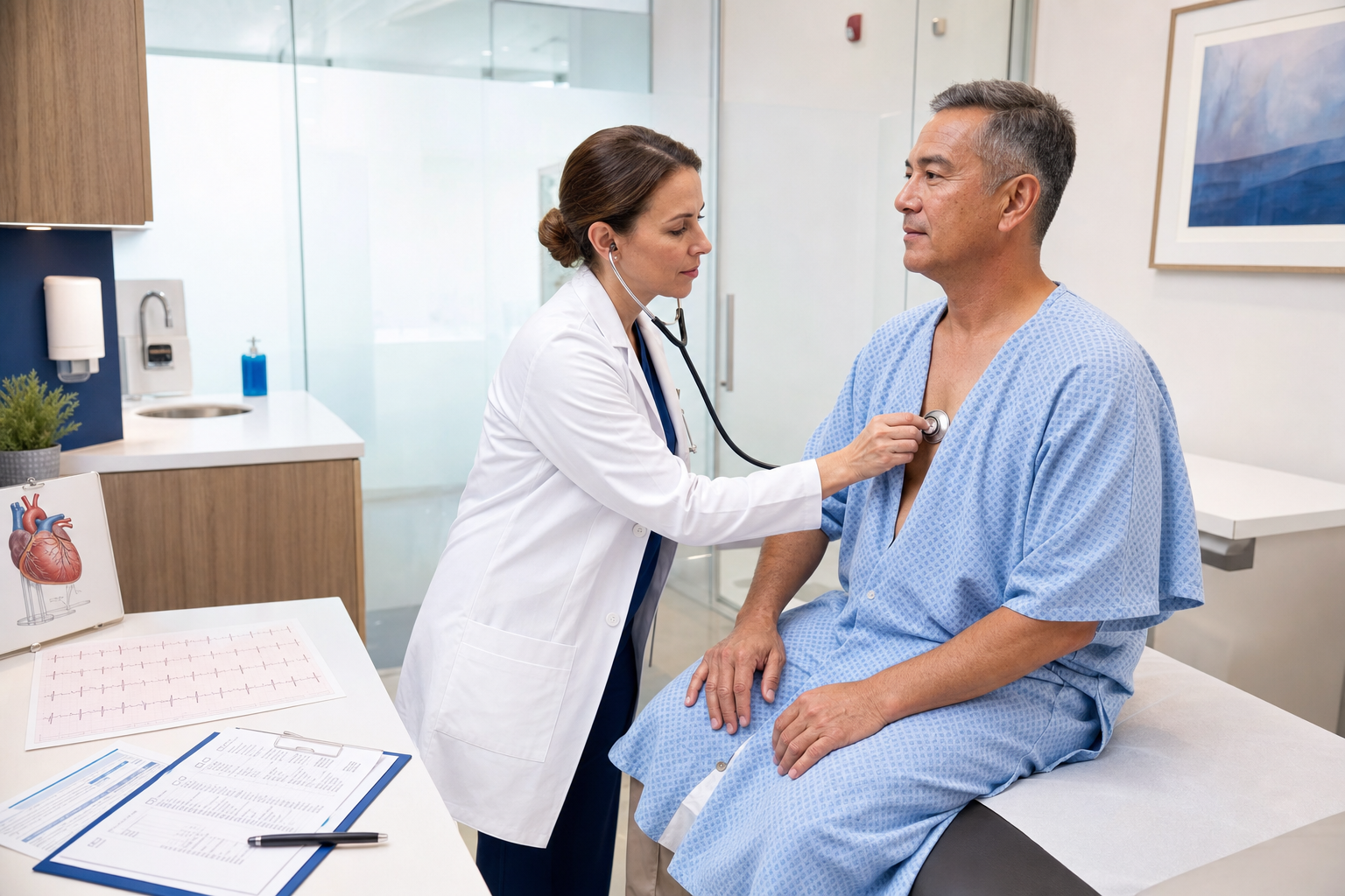 Clinician and patient reviewing pre-surgical clearance results