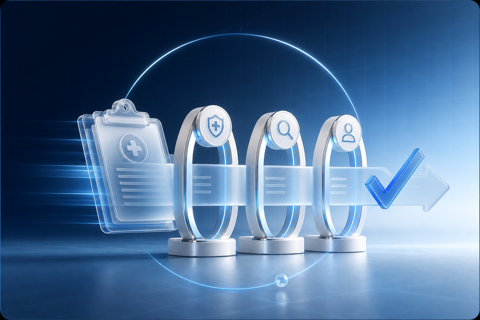 Frosted-glass medical documents moving efficiently through clinical review checkpoints