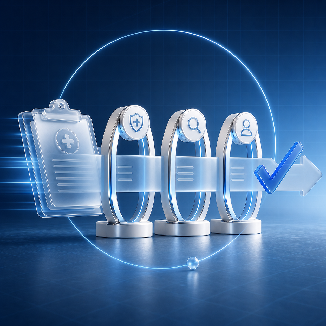 Frosted-glass medical documents moving efficiently through clinical review checkpoints