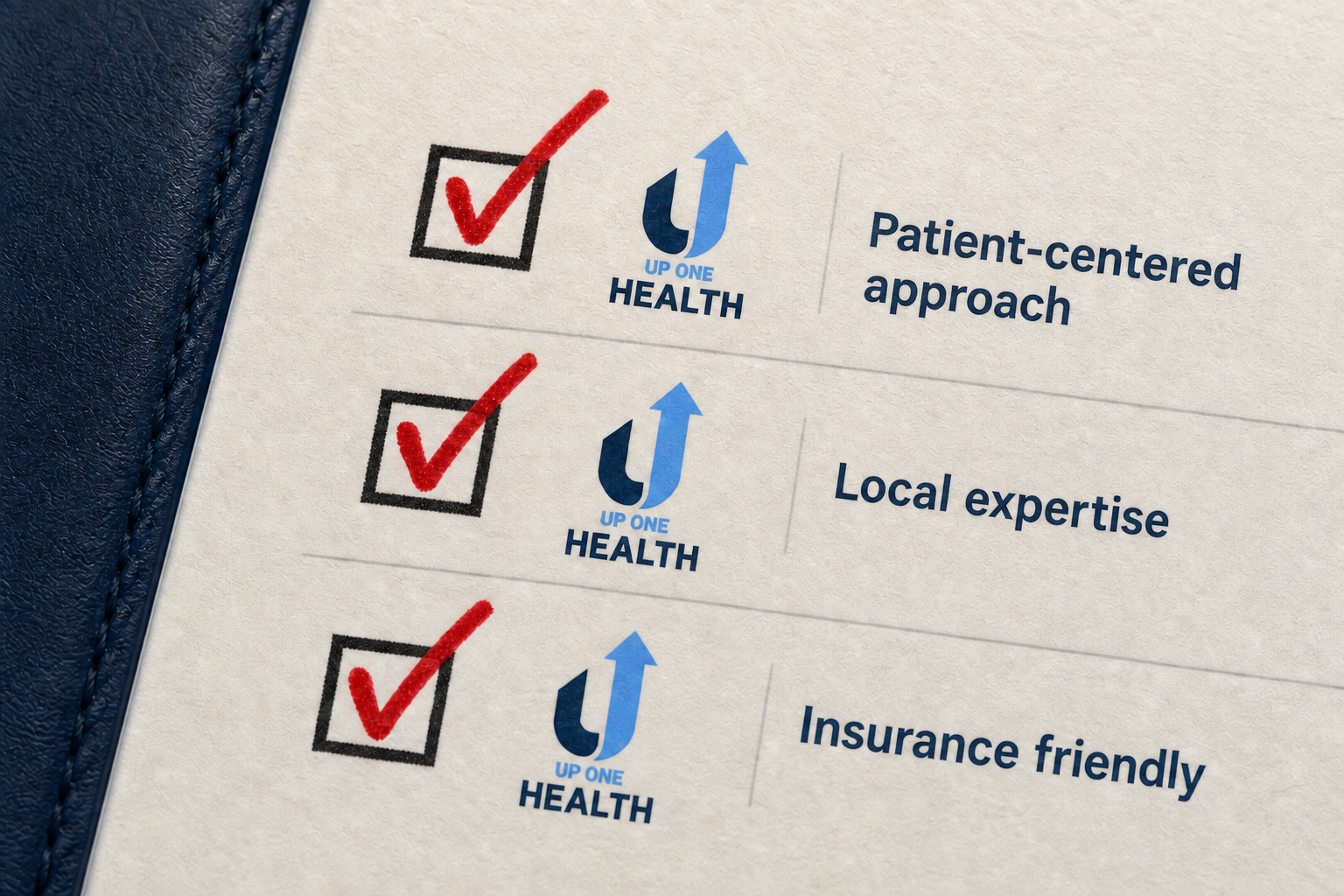 A completed UP One Health application checking patient-centered approach, local expertise, and insurance friendly.
