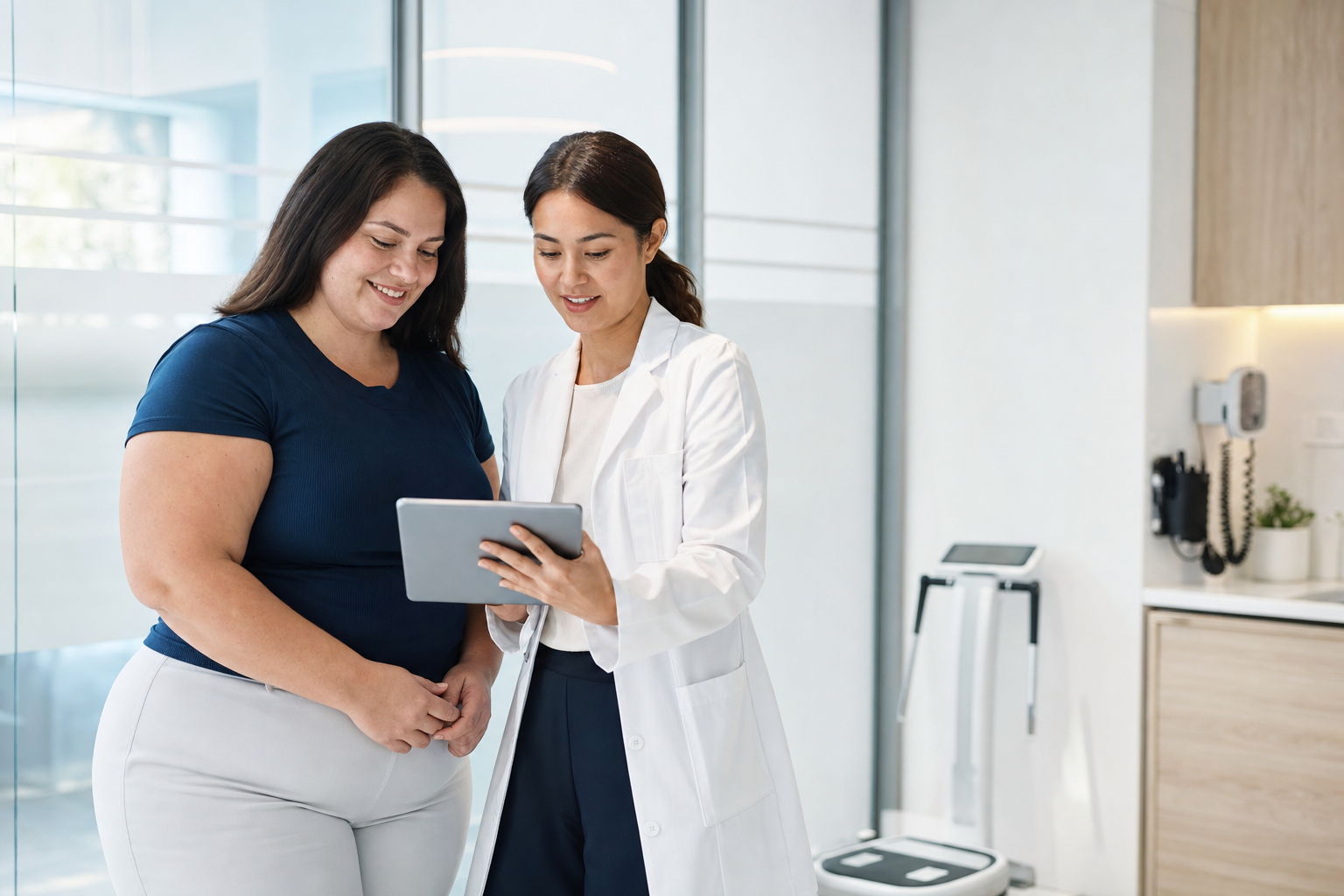 Clinician and patient reviewing a medical weight-management plan